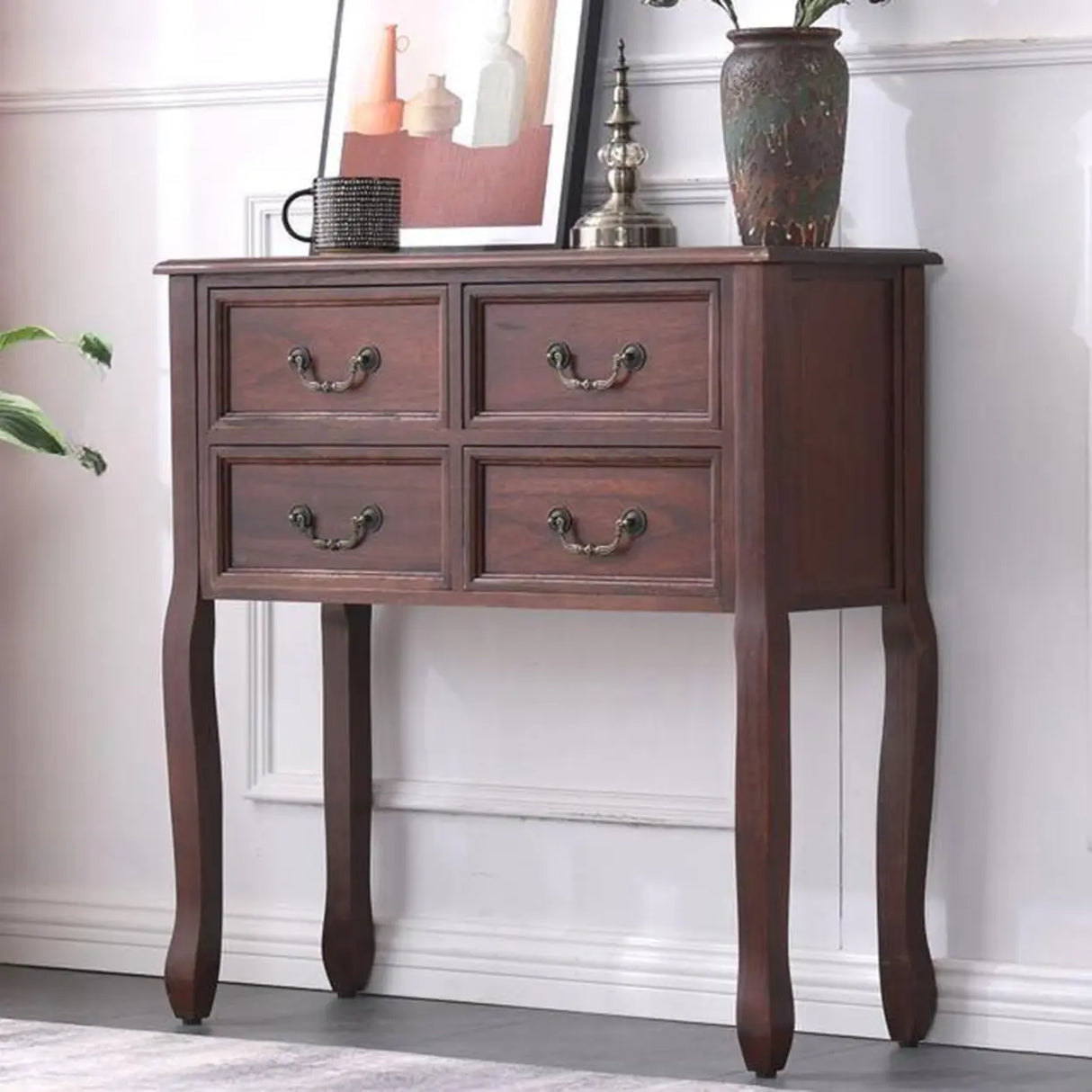 Vintage Walnut Wood Tall Console Table with Drawers Image - 7