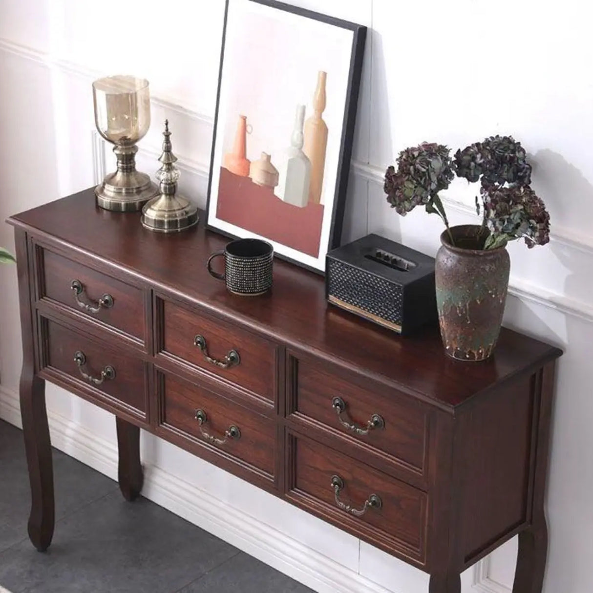 Vintage Walnut Wood Tall Console Table with Drawers Image - 8