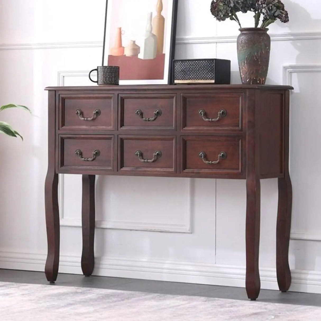 Vintage Walnut Wood Tall Console Table with Drawers Image - 9