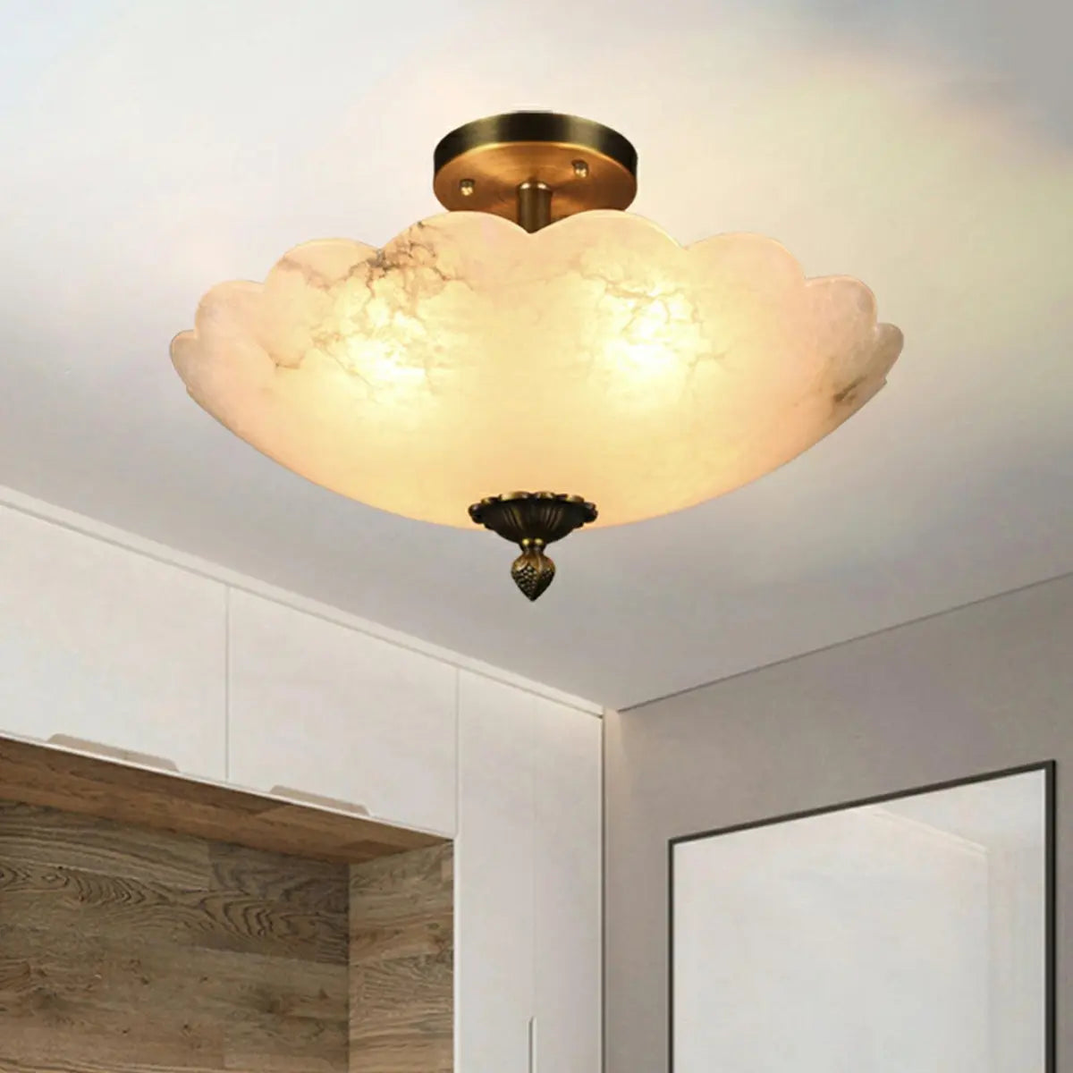 Vintage White Alabaster Floral Brass Bedroom Chandelier Image - 4