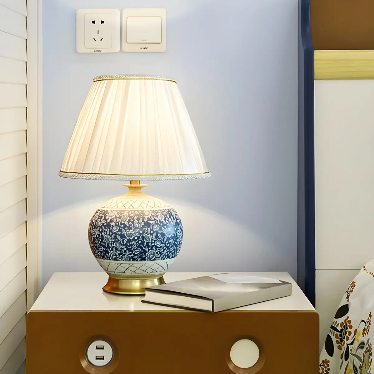 Vintage White Fabric Shade Globe Ceramic Table Lamp Image - 12