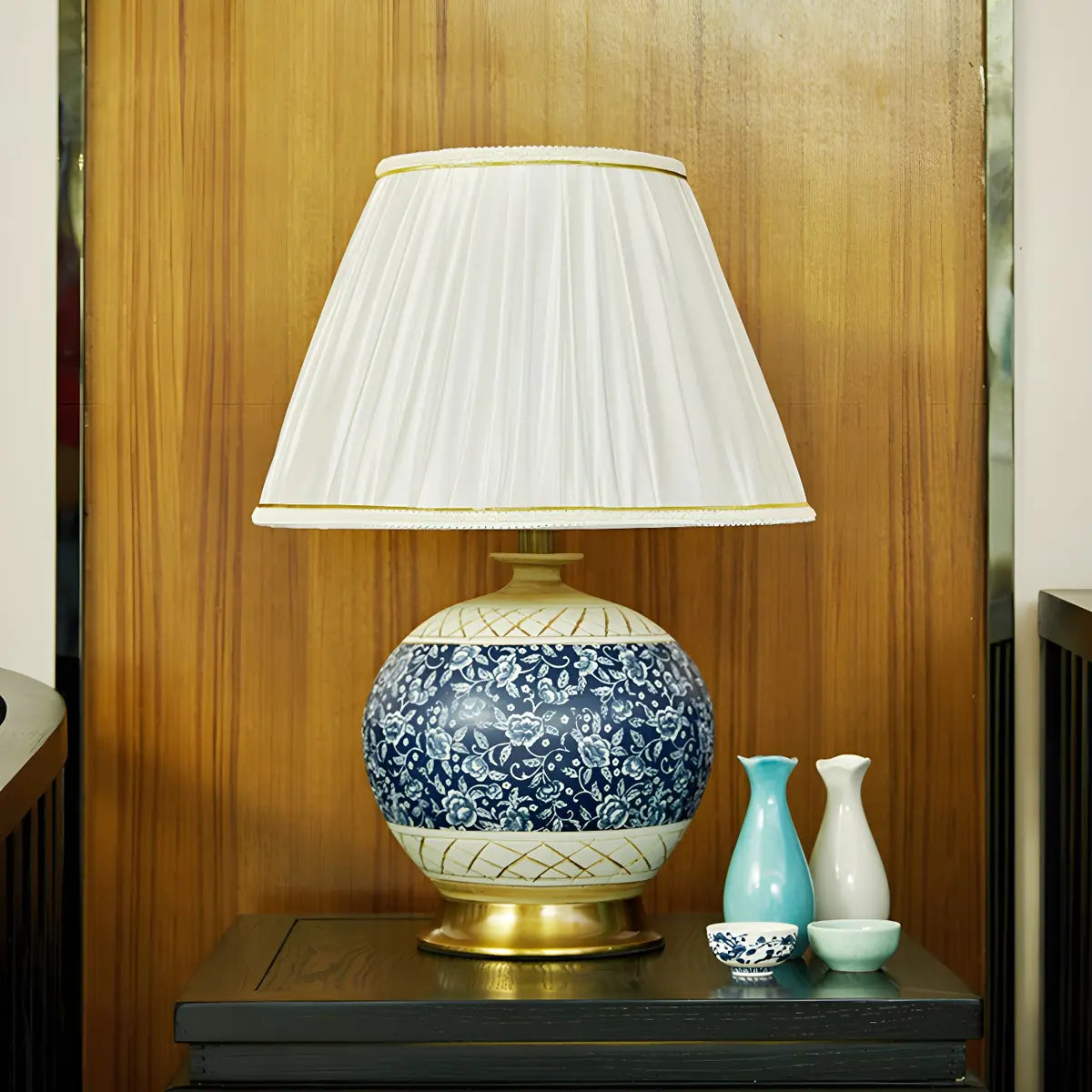 Vintage White Fabric Shade Globe Ceramic Table Lamp Image - 13