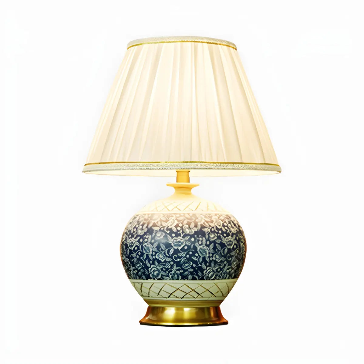 Vintage White Fabric Shade Globe Ceramic Table Lamp Image - 7