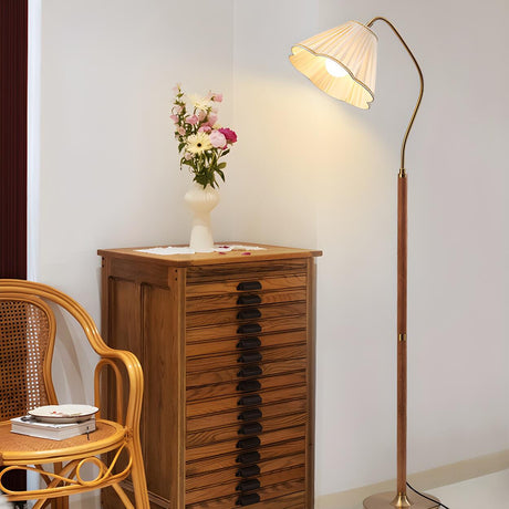 Vintage White Pleated Shade Wooden LED Floor Lamp Image - 1