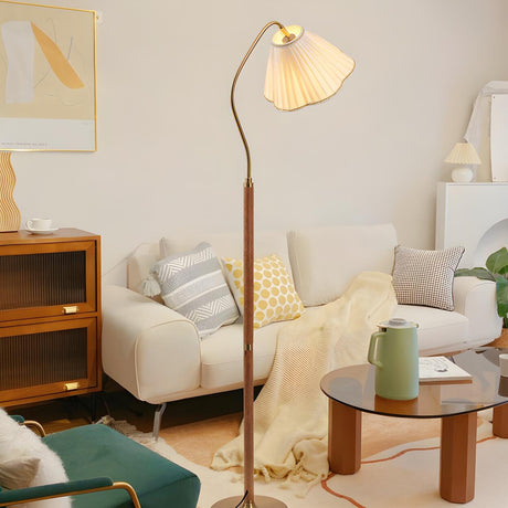 Vintage White Pleated Shade Wooden LED Floor Lamp Image - 2