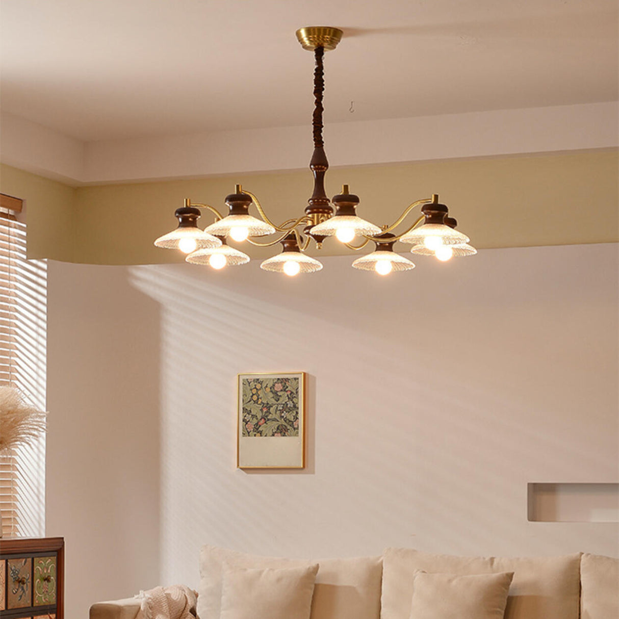 Vintage Wood and Brass Textured Glass Cone Round Chandelier Image - 14