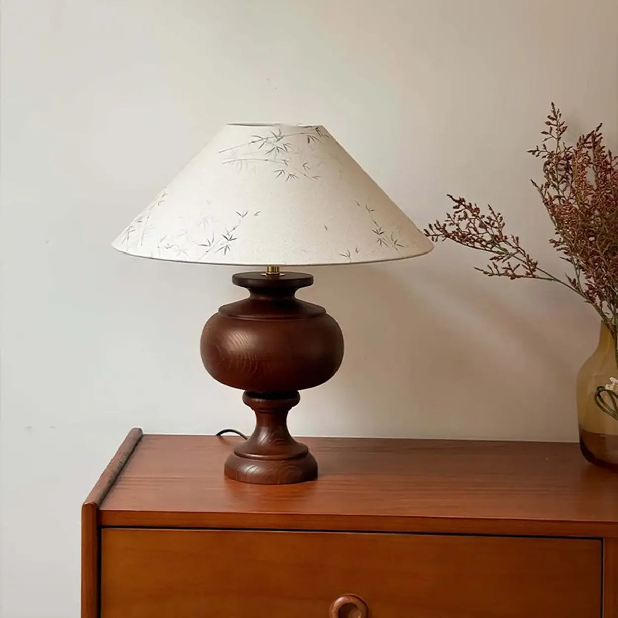 Vintage Wood Beige Cone Shade Inline Switch Table Lamp Image - 6