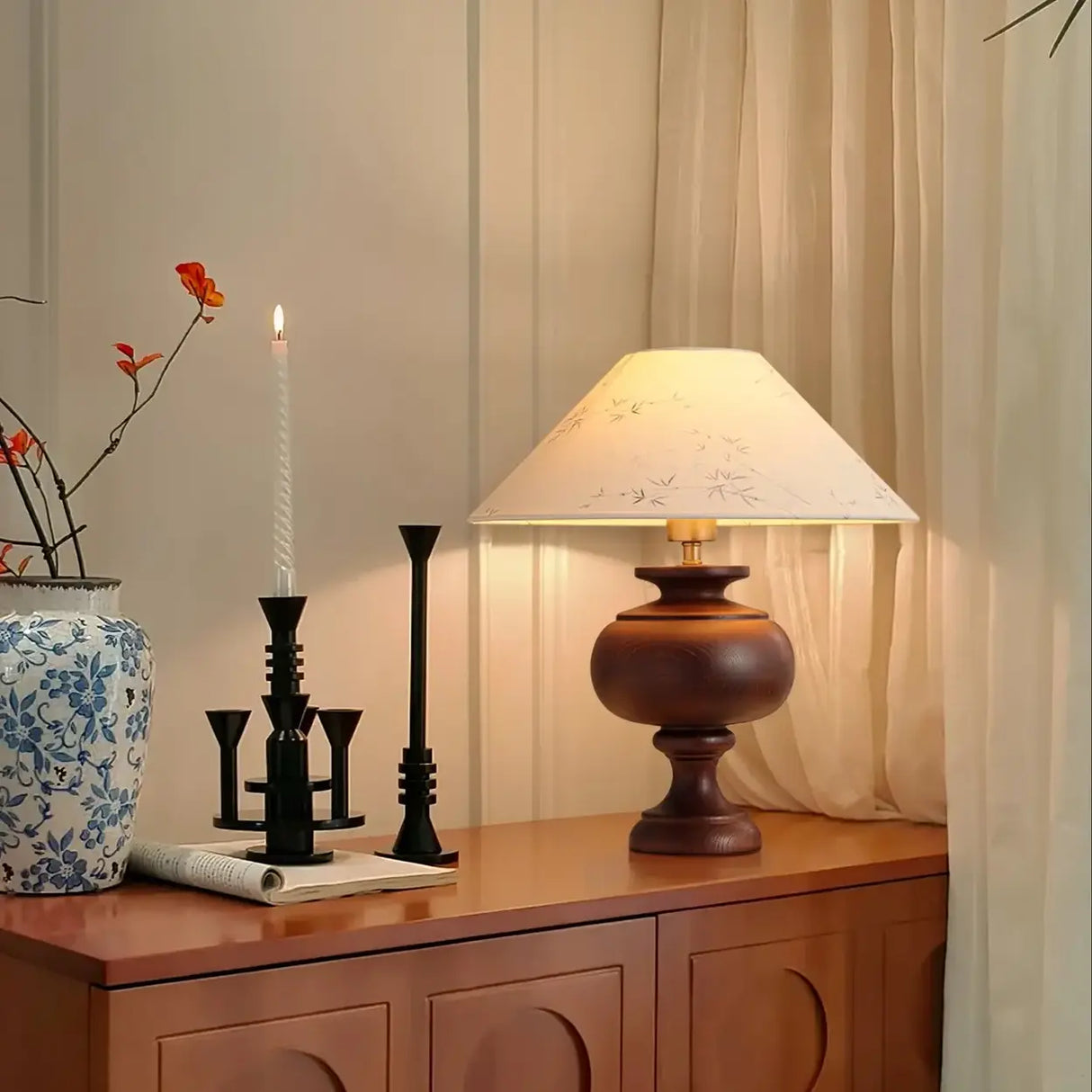 Vintage Wood Beige Cone Shade Inline Switch Table Lamp Image - 9