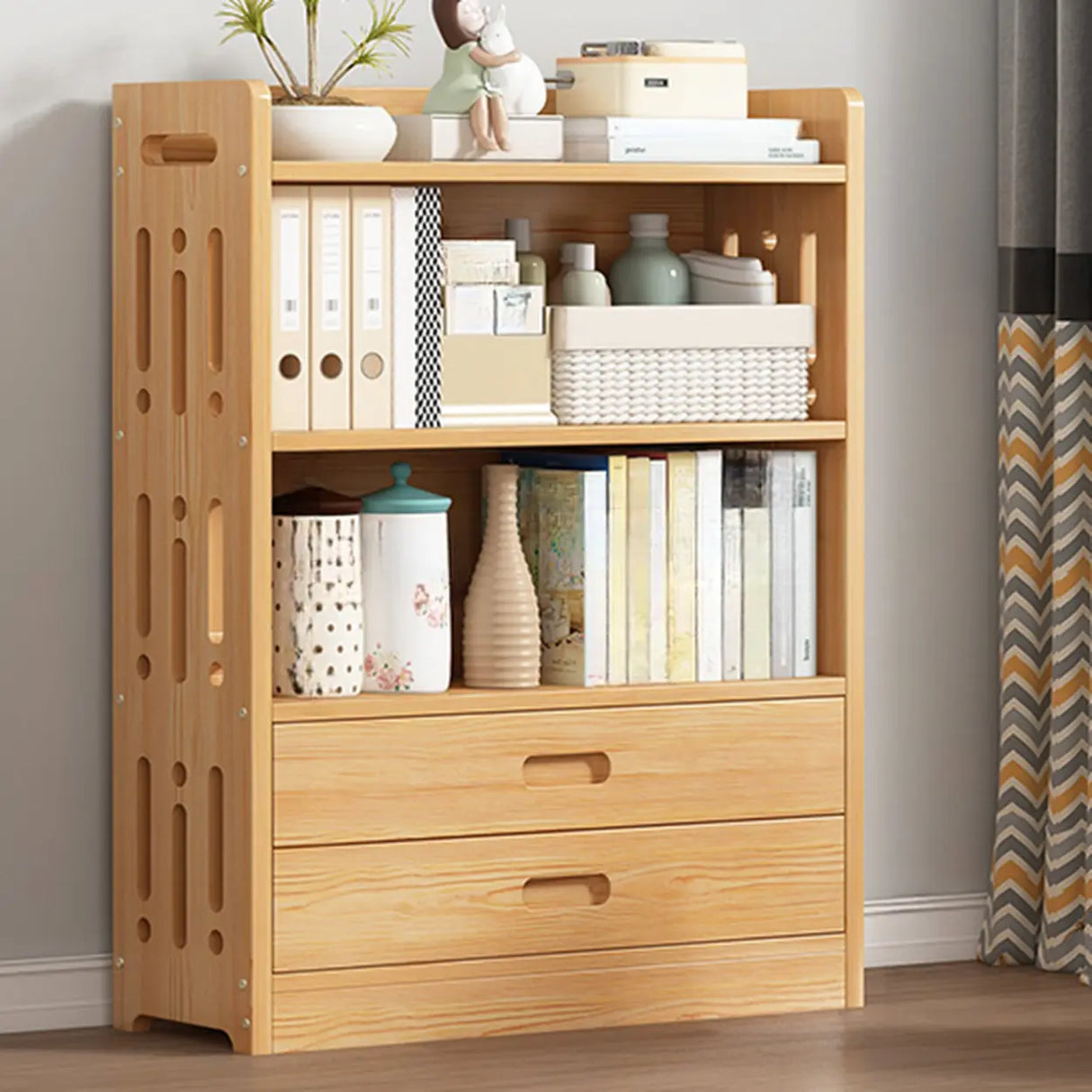 Vintage Wood Grain Vertical Shelf Organizer Bookcase Image - 24