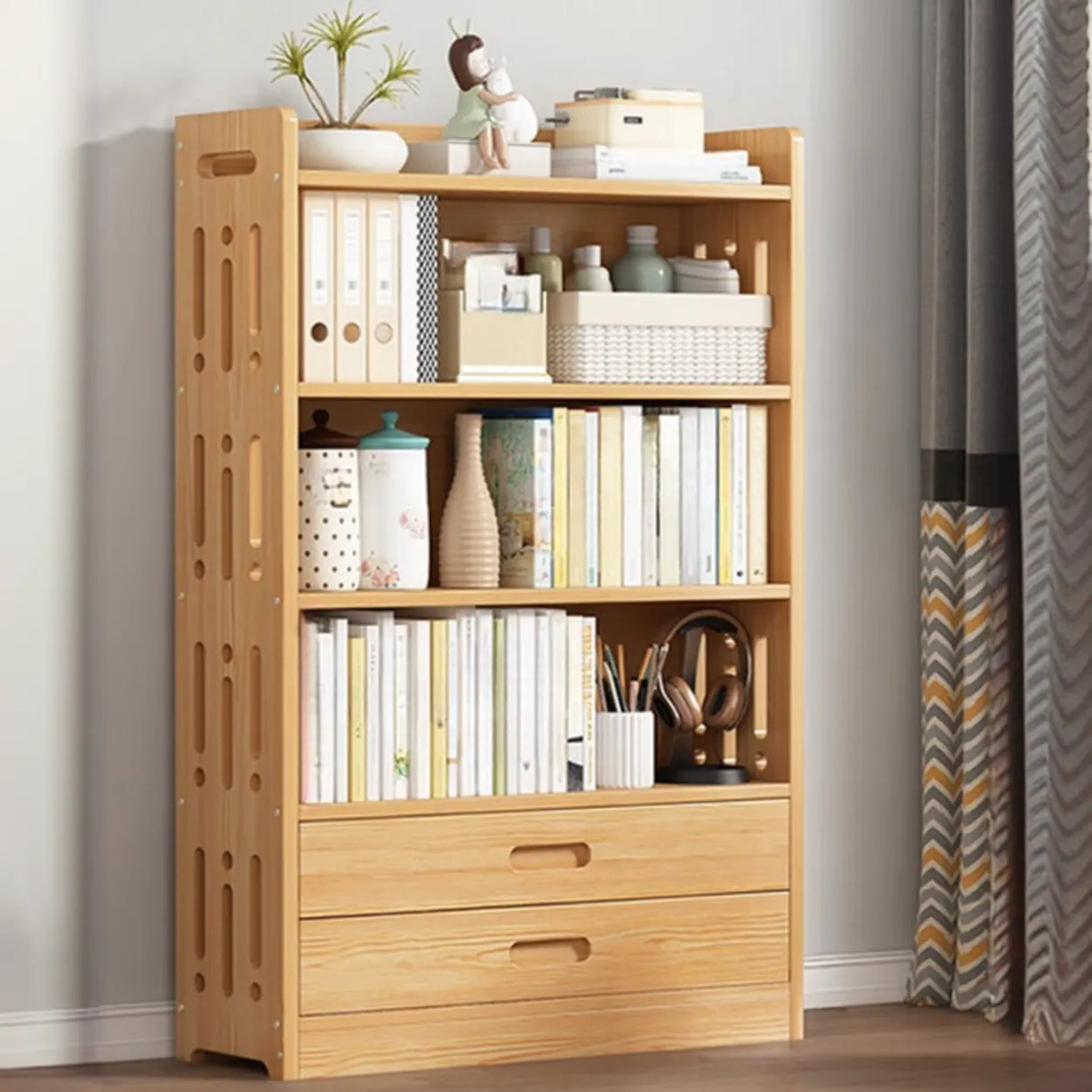 Vintage Wood Grain Vertical Shelf Organizer Bookcase Image - 9