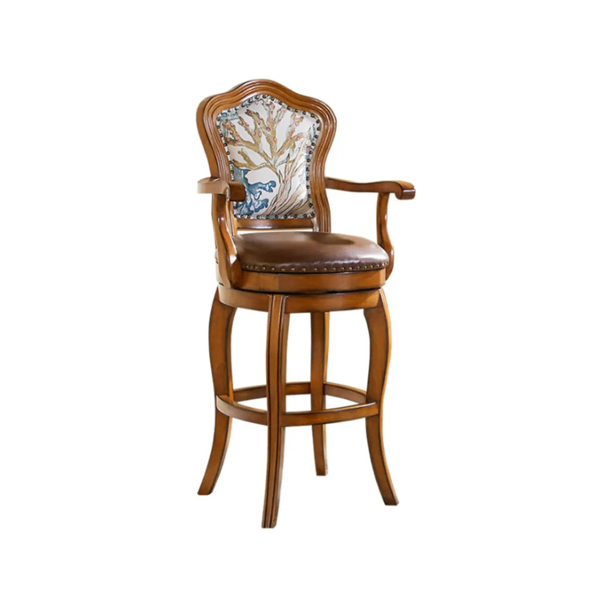 Vintage Wood Leather Swivel Armrest Counter Height Bar Stool Image - 2