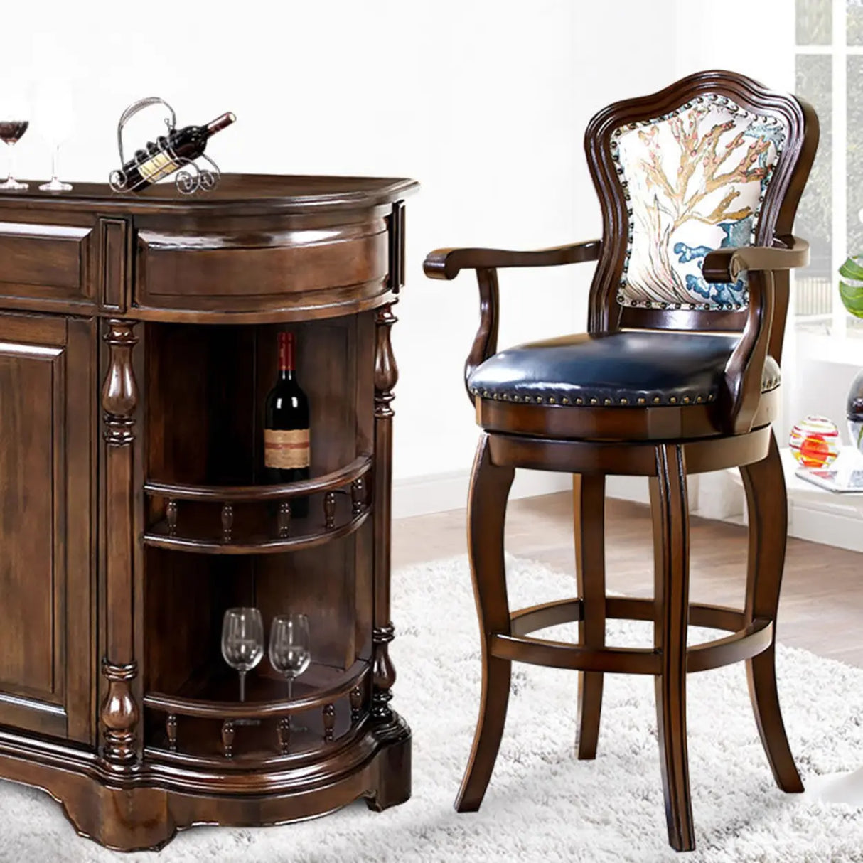 Vintage Wood Leather Swivel Armrest Counter Height Bar Stool Image - 5