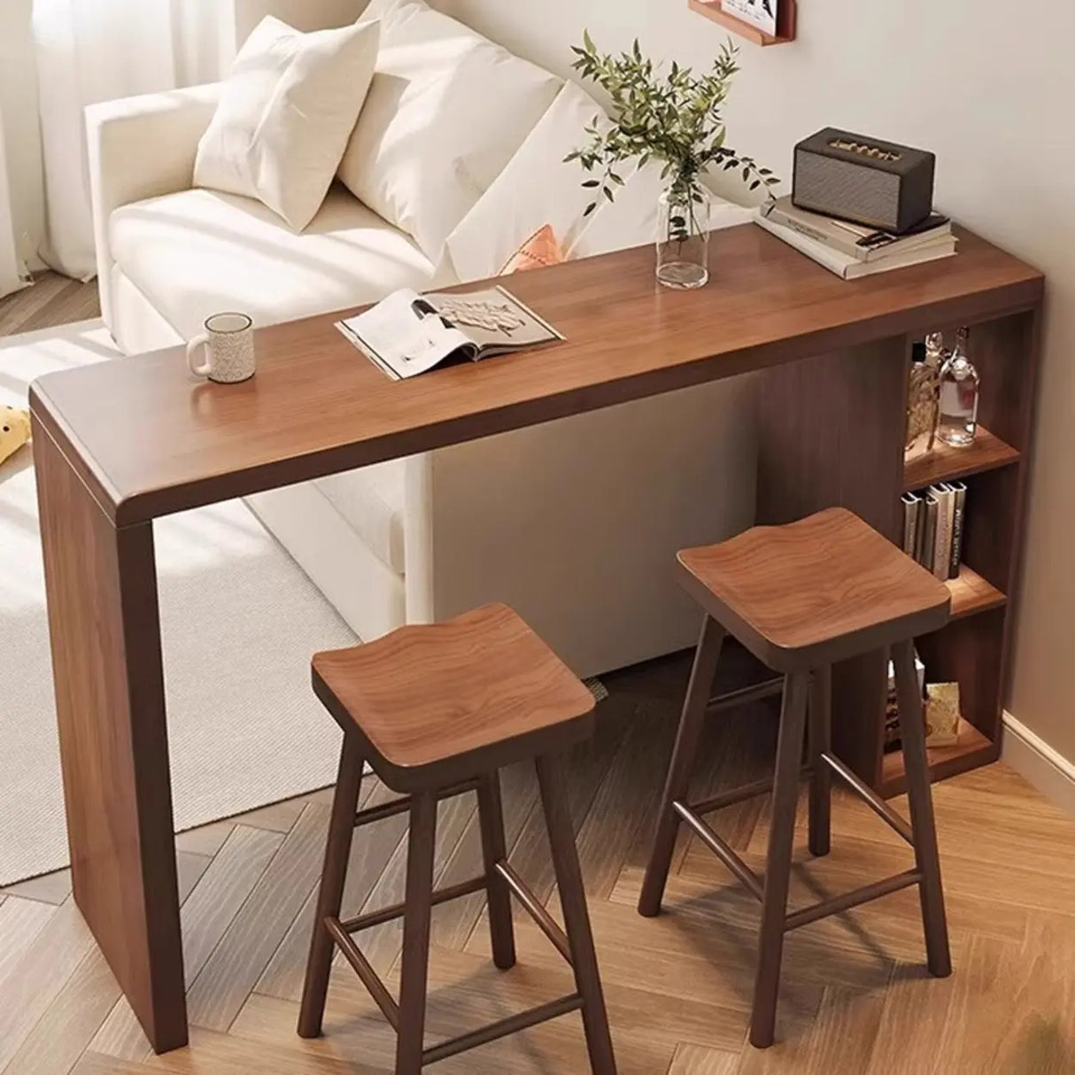 Vintage Wood Space-Saving Breakfast Bar Stool with Storage Shelves Image - 1