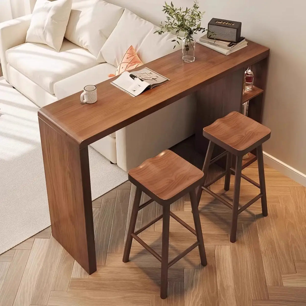 Vintage Wood Space-Saving Breakfast Bar Stool with Storage Shelves Image - 3