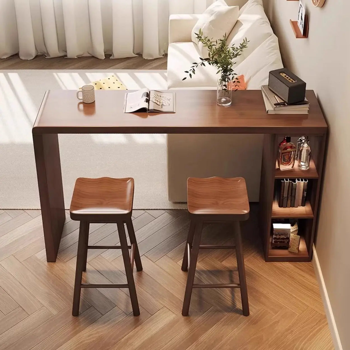 Vintage Wood Space-Saving Breakfast Bar Stool with Storage Shelves Image - 4