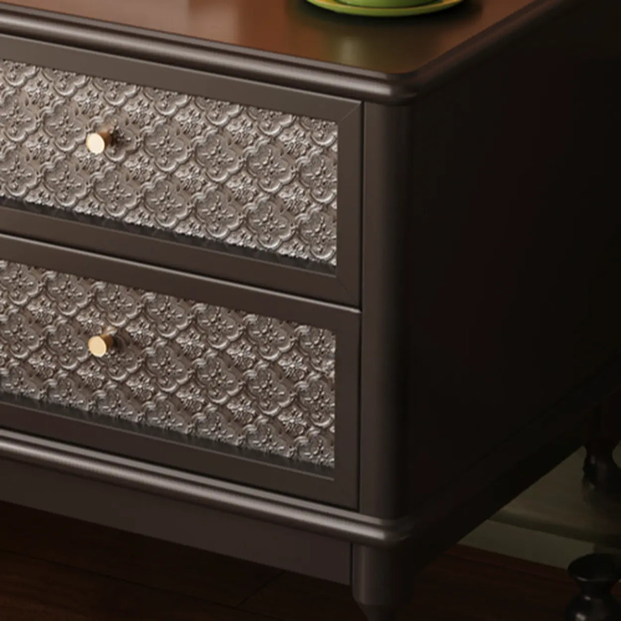 Vintage Wood Walnut Nightstand with Embossed Drawers Image - 10