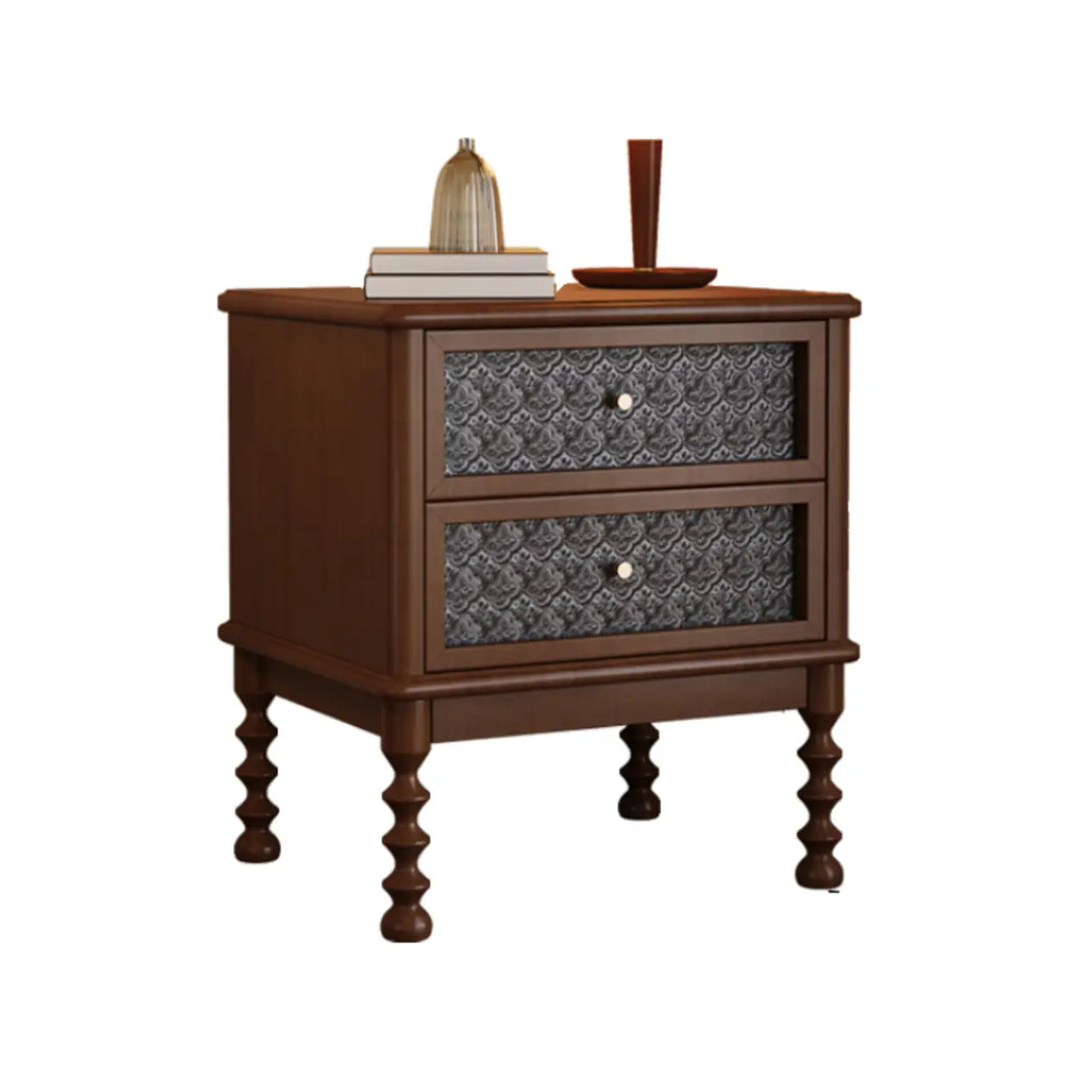 Vintage Wood Walnut Nightstand with Embossed Drawers Image - 5