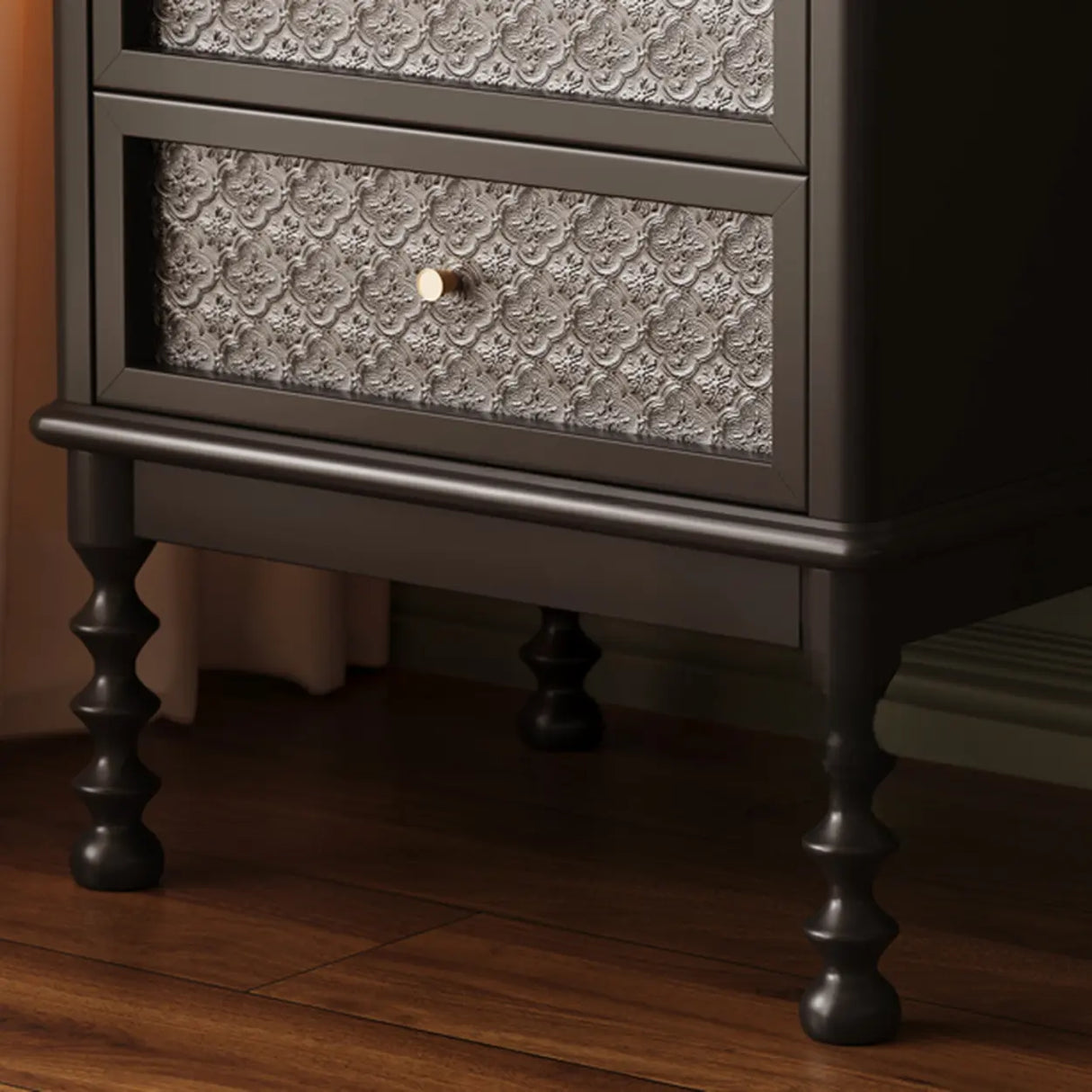 Vintage Wood Walnut Nightstand with Embossed Drawers Image - 8