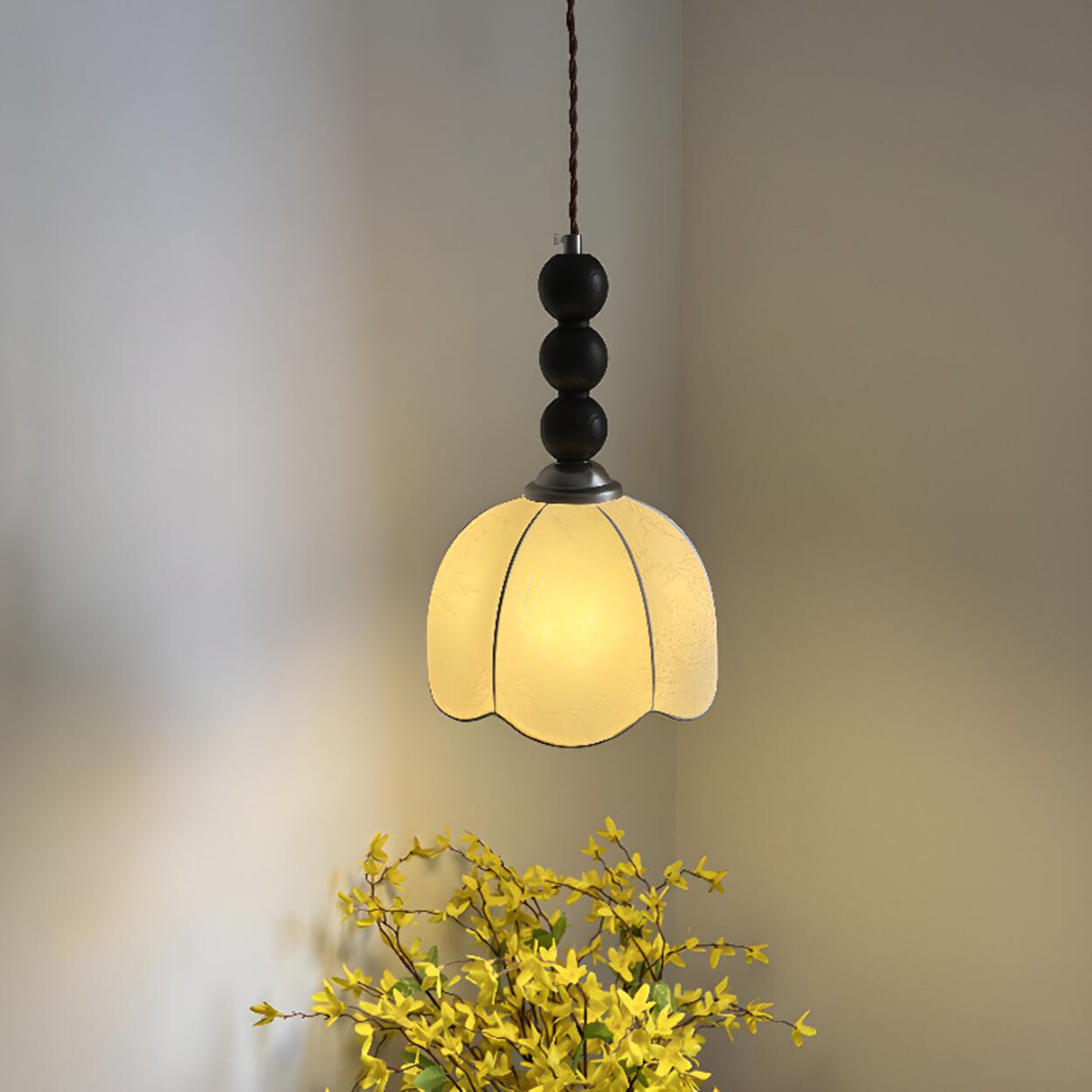 Vintage Wooden Beads Fabric Floral Bell Pendant Light Image - 1