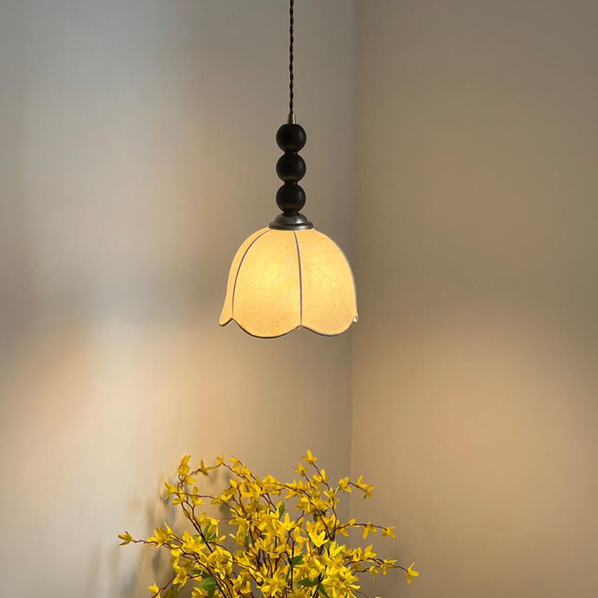Vintage Wooden Beads Fabric Floral Bell Pendant Light Image - 2
