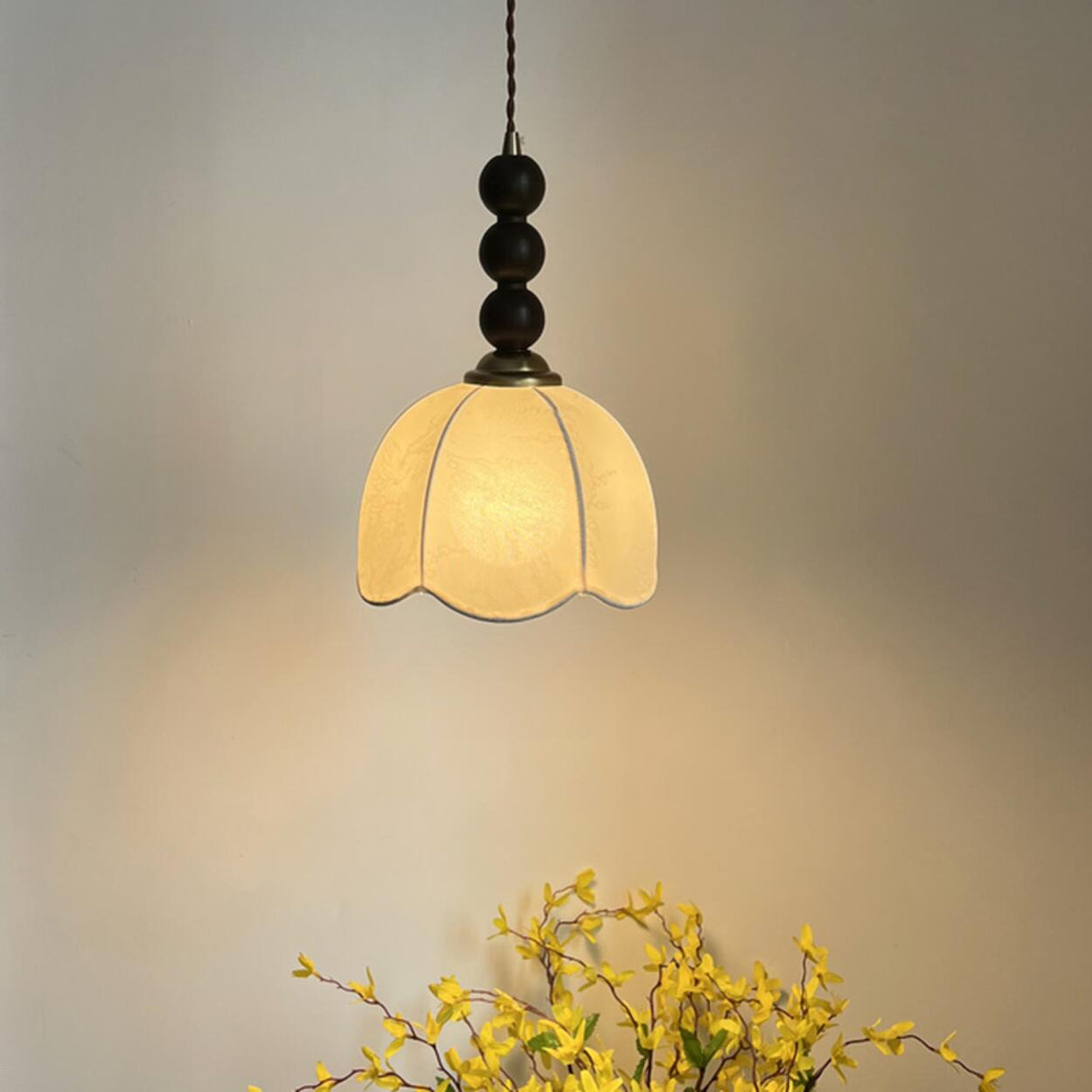 Vintage Wooden Beads Fabric Floral Bell Pendant Light Image - 3