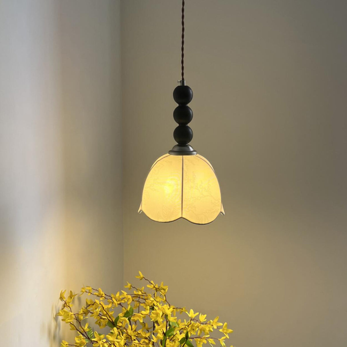 Vintage Wooden Beads Fabric Floral Bell Pendant Light Image - 4