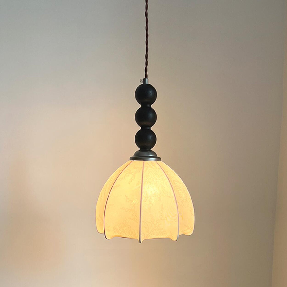 Vintage Wooden Beads Fabric Floral Bell Pendant Light Image - 5