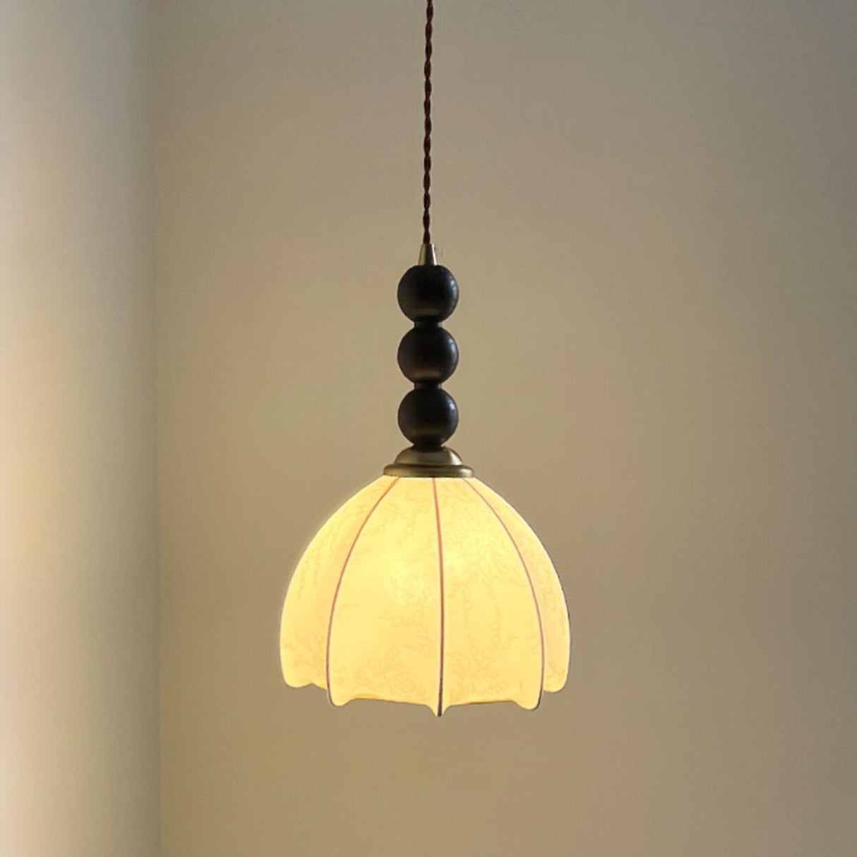 Vintage Wooden Beads Fabric Floral Bell Pendant Light Image - 7