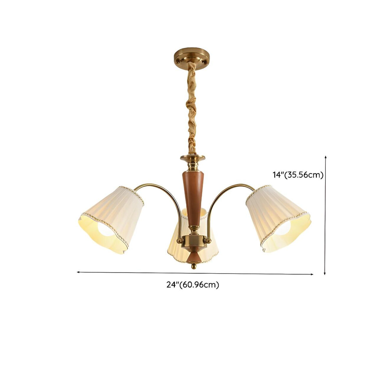 Vintage Wooden Gold Flower Flared Pleated Fabric Chandelier