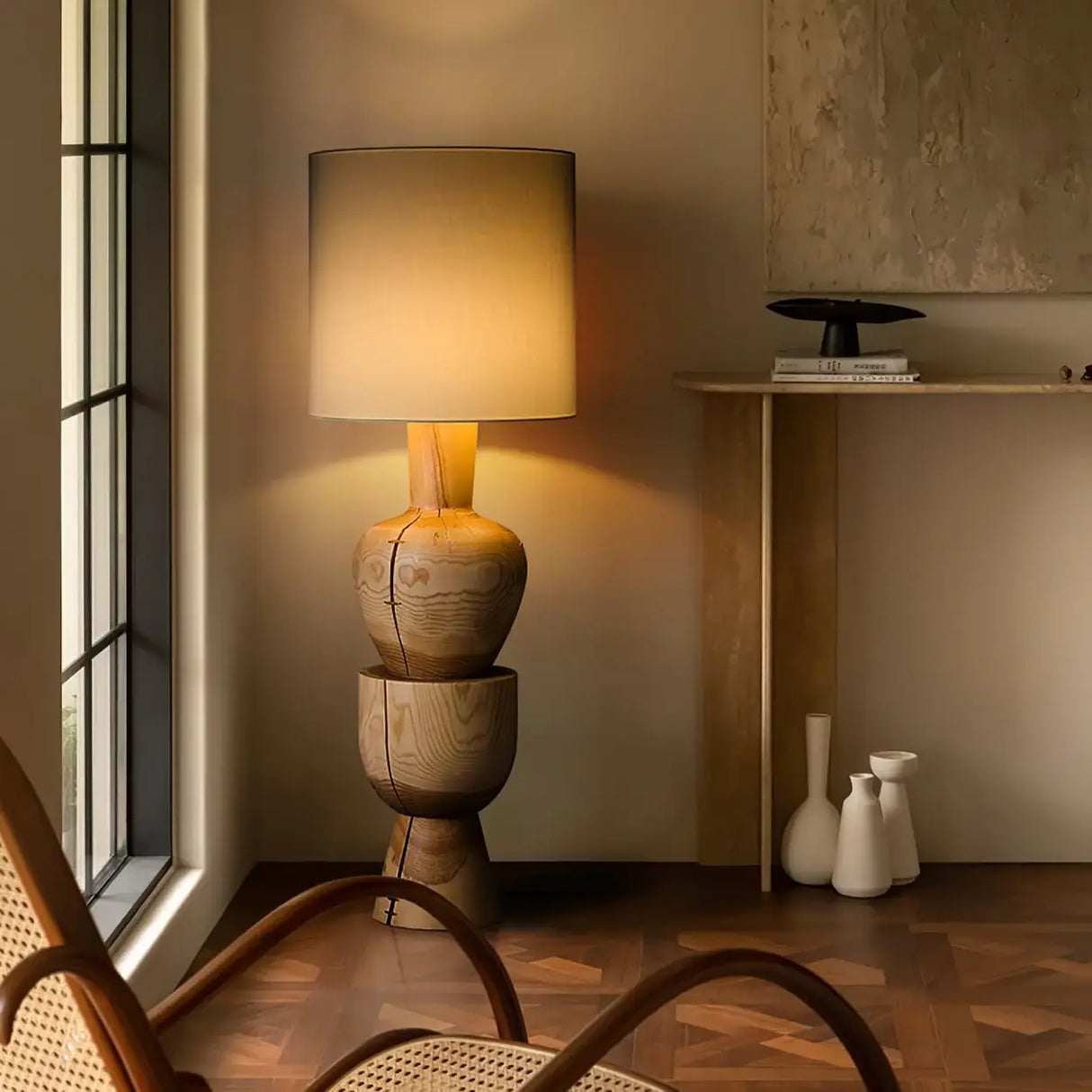 Wabi-sabi Gray Drum Sculptural Stacked Wood Floor Lamp Image - 3