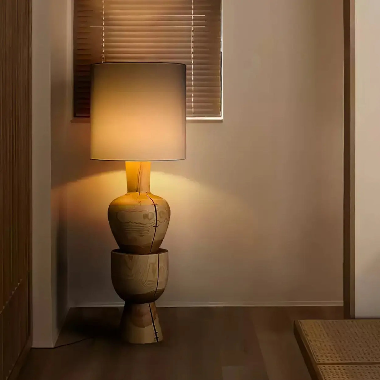 Wabi-sabi Gray Drum Sculptural Stacked Wood Floor Lamp Image - 4