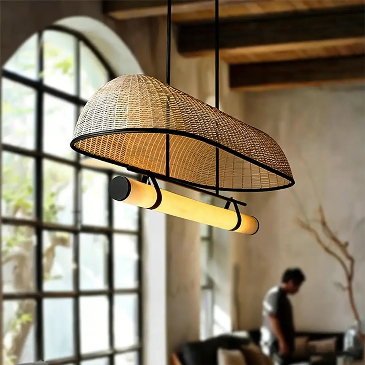 Wabi-Sabi Rustic Woven Rattan Linear Island Chandelier Image - 1