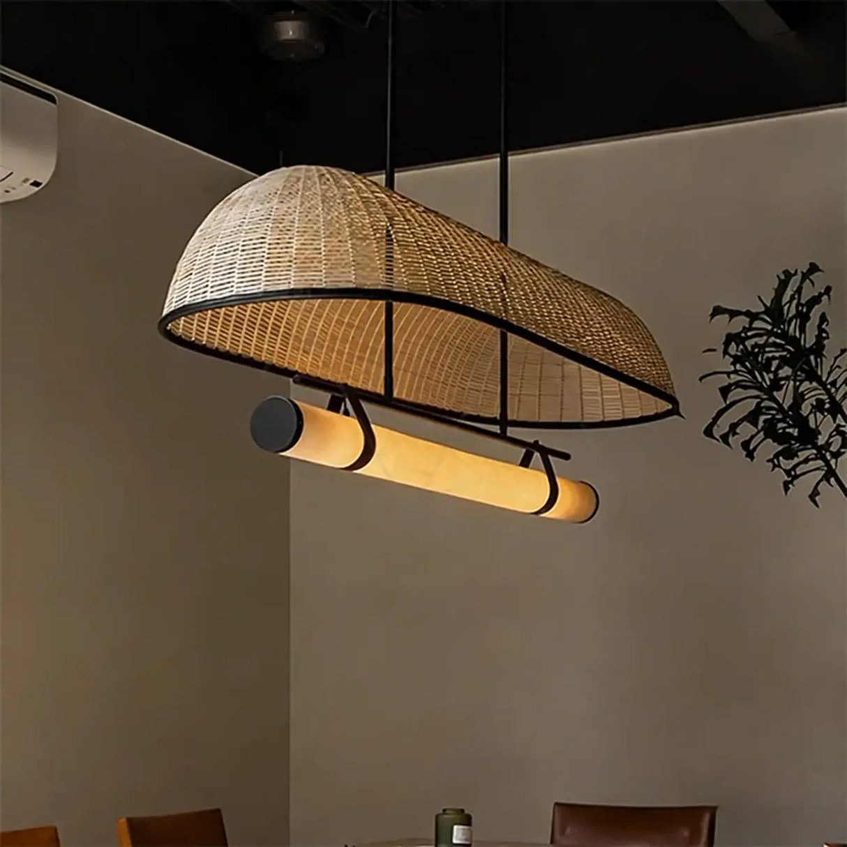 Wabi-Sabi Rustic Woven Rattan Linear Island Chandelier Image - 3