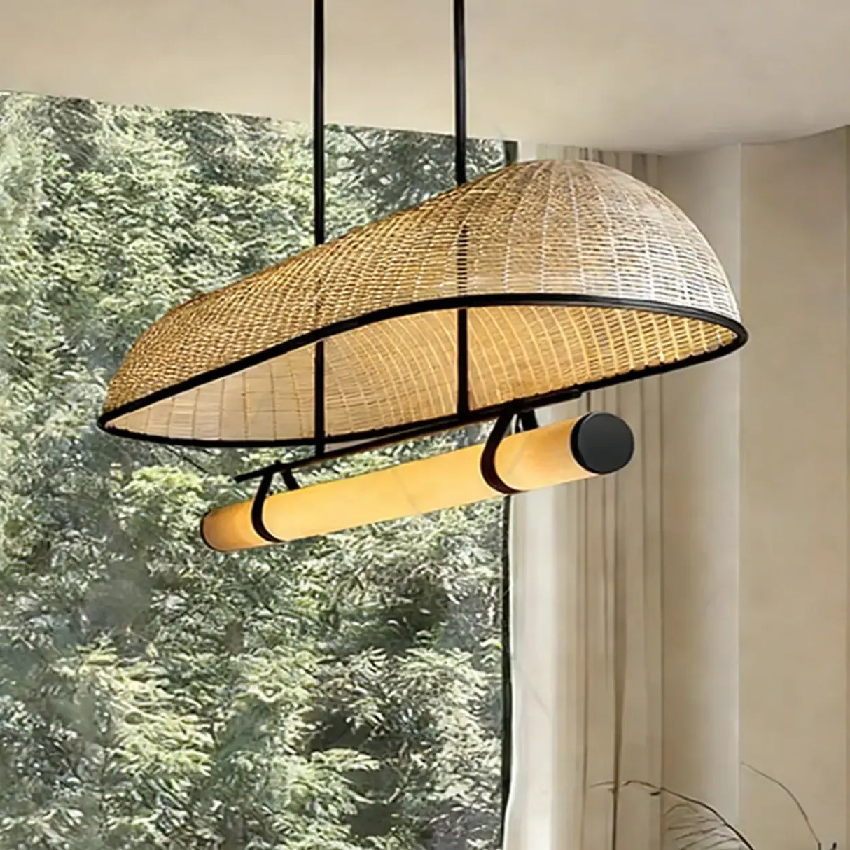 Wabi-Sabi Rustic Woven Rattan Linear Island Chandelier Image - 4