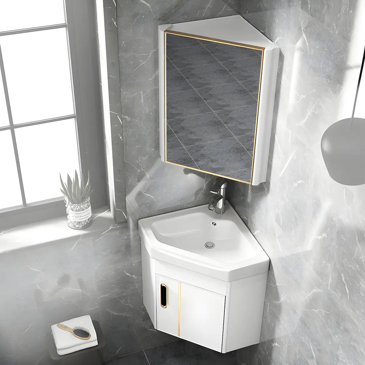 Wall Mounted Corner Triangular Sink Mirror Bathroom Vanity Image - 1