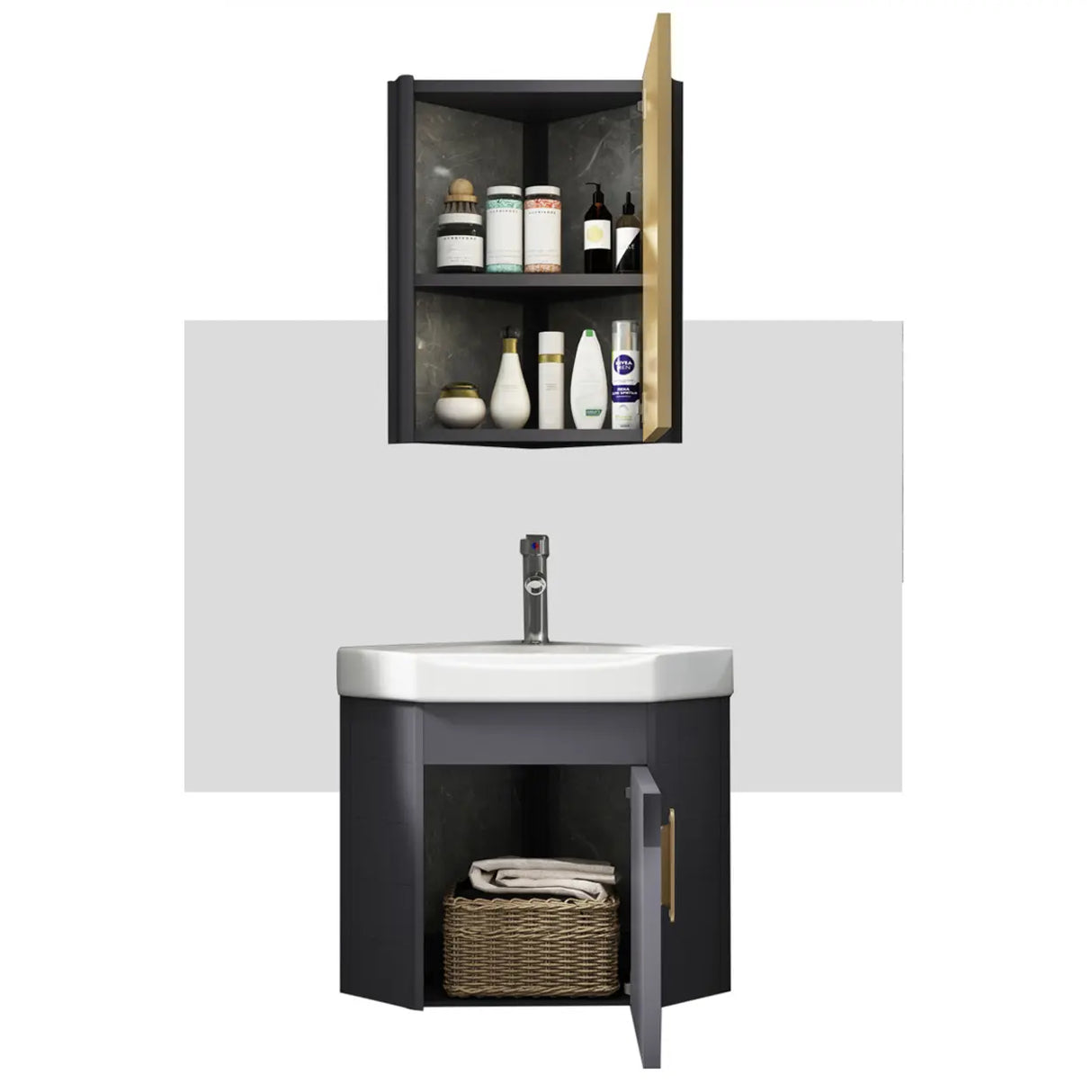 Wall Mounted Corner Triangular Sink Mirror Bathroom Vanity Image - 4