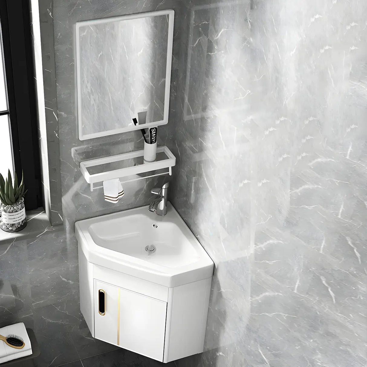 Wall Mounted Corner Triangular Sink Mirror Bathroom Vanity Image - 8