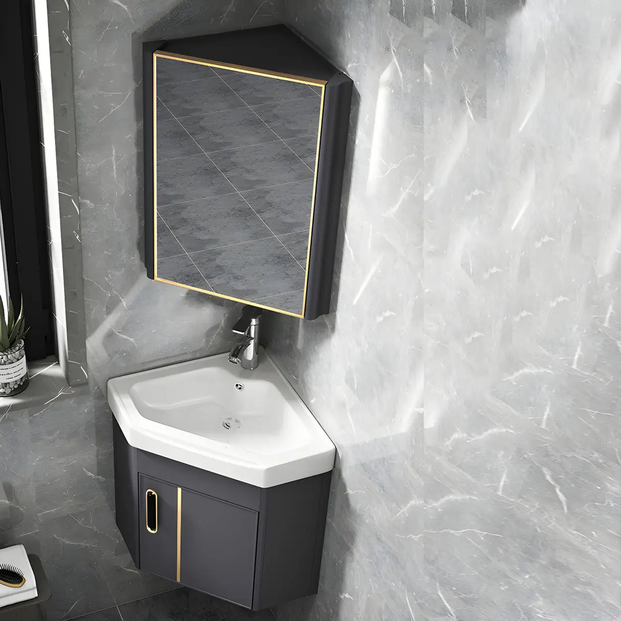 Wall Mounted Corner Triangular Sink Mirror Bathroom Vanity Image - 9