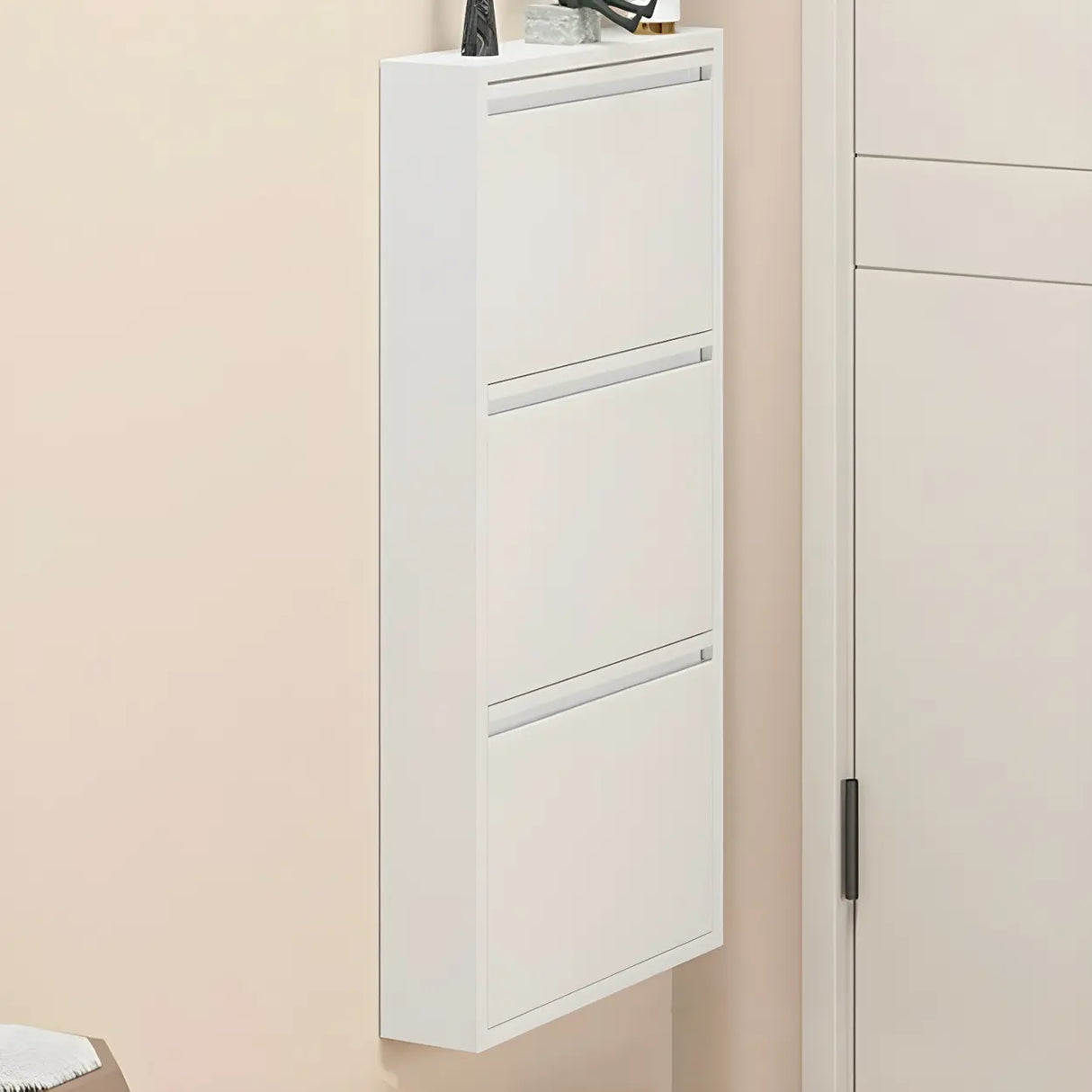 Wall Mounted Wooden Entryway White Drop Front Shoe Storage Image - 11