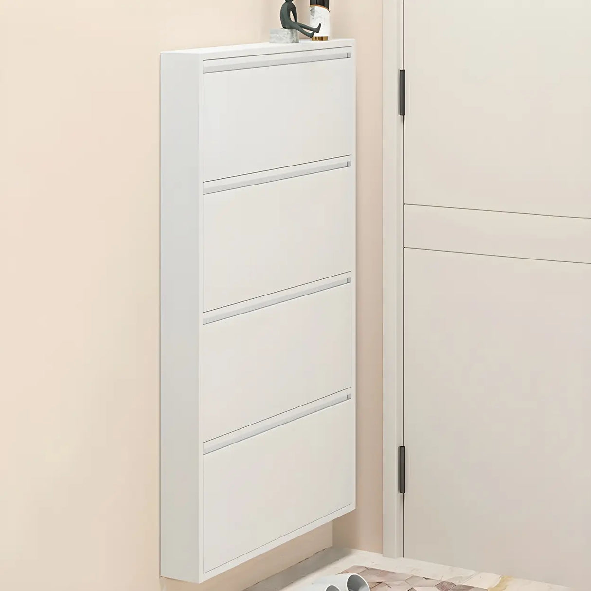 Wall Mounted Wooden Entryway White Drop Front Shoe Storage Image - 13