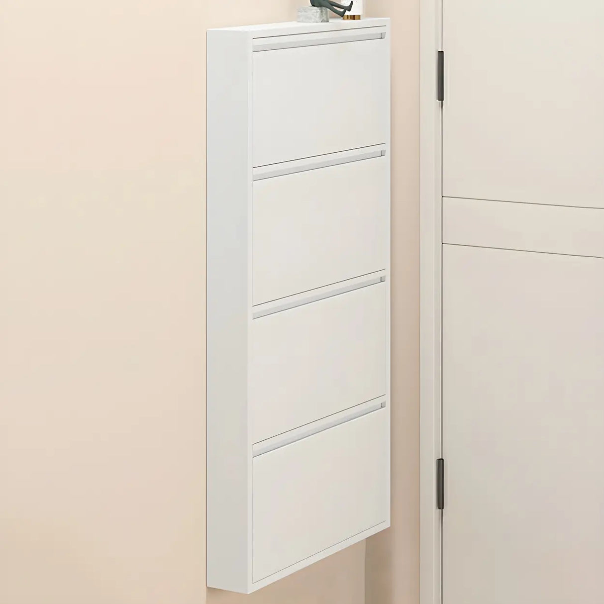 Wall Mounted Wooden Entryway White Drop Front Shoe Storage Image - 15