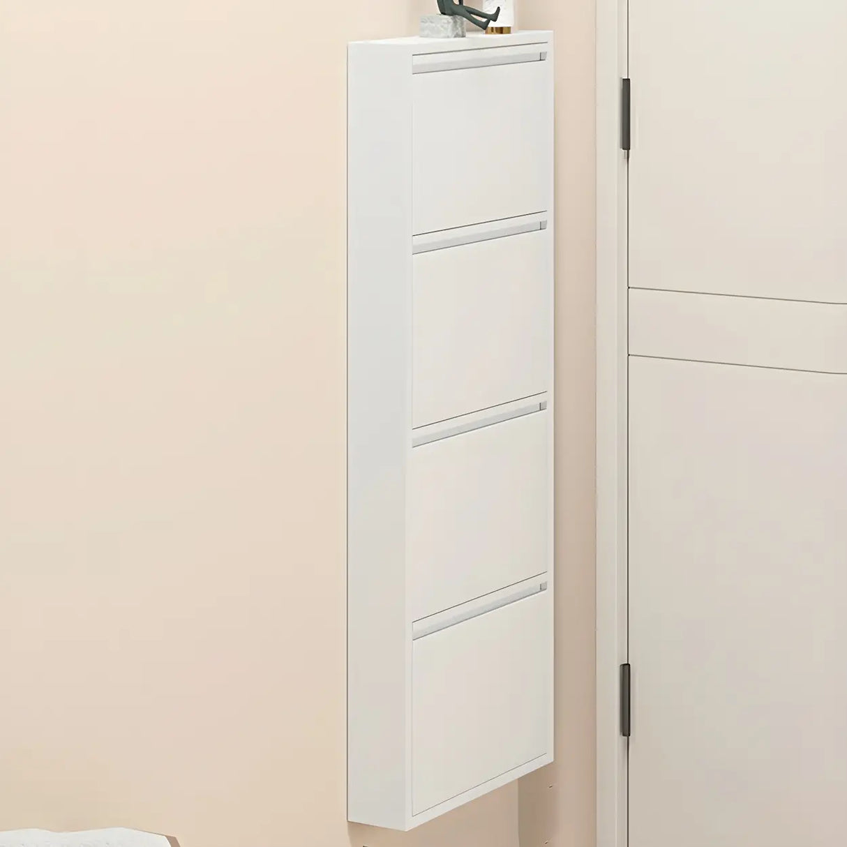 Wall Mounted Wooden Entryway White Drop Front Shoe Storage Image - 17