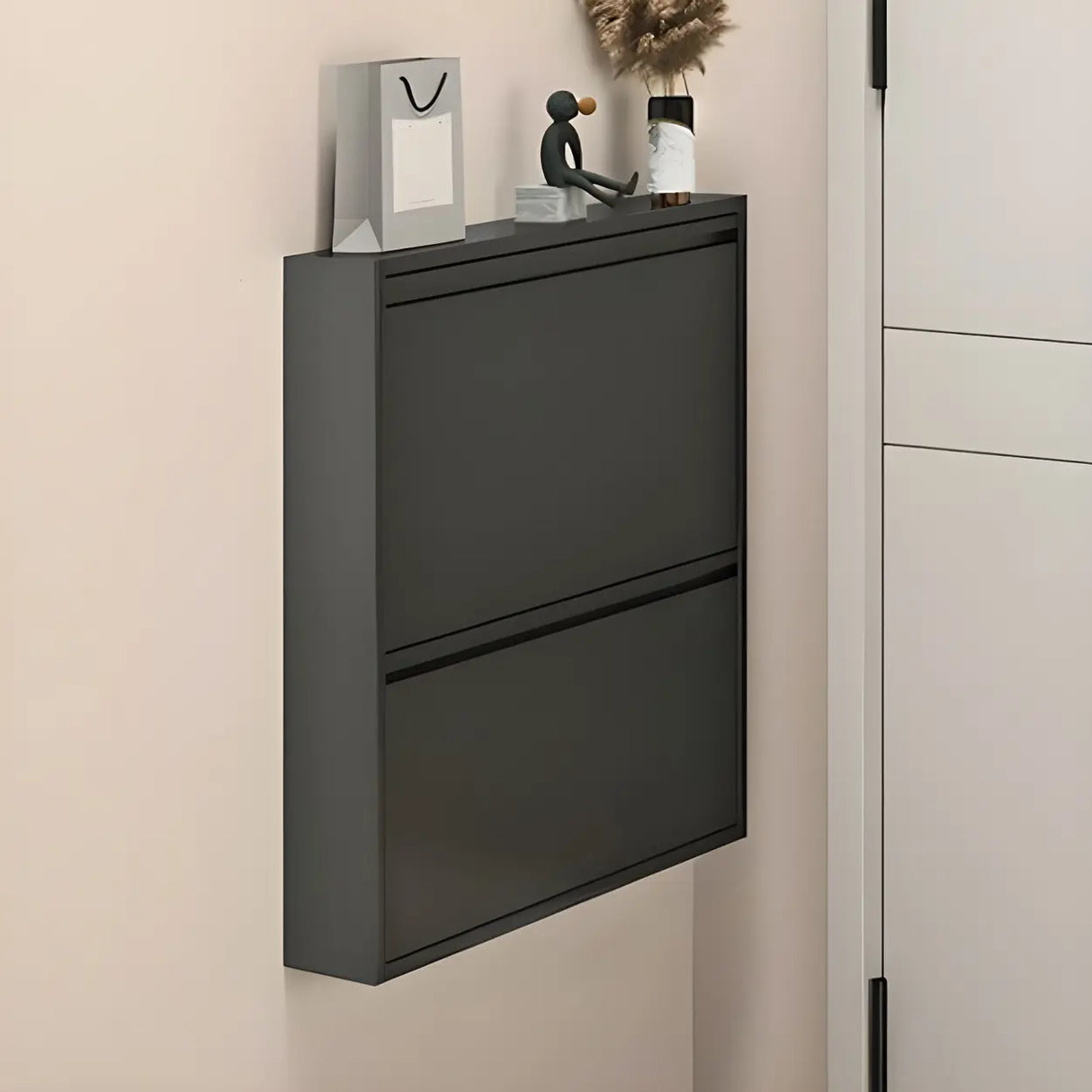 Wall Mounted Wooden Entryway White Drop Front Shoe Storage Image - 24