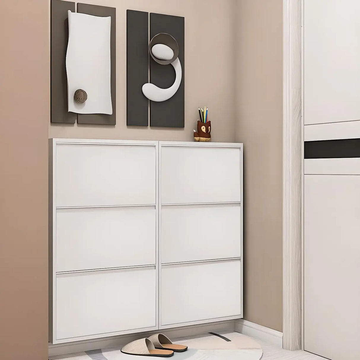 Wall Mounted Wooden Entryway White Drop Front Shoe Storage Image - 1