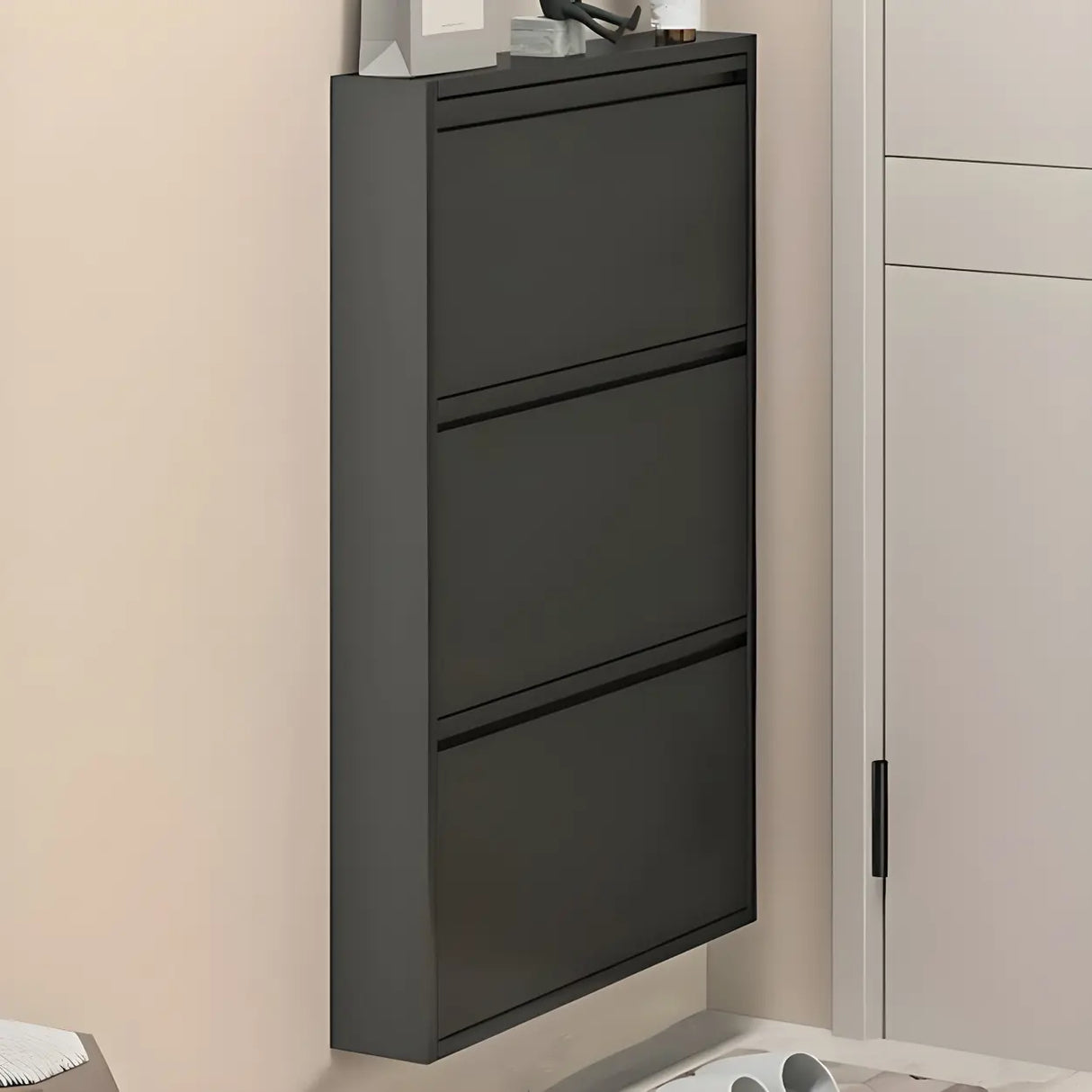 Wall Mounted Wooden Entryway White Drop Front Shoe Storage Image - 27