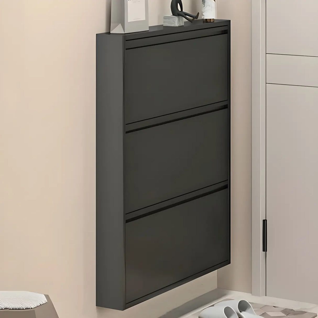 Wall Mounted Wooden Entryway White Drop Front Shoe Storage Image - 28