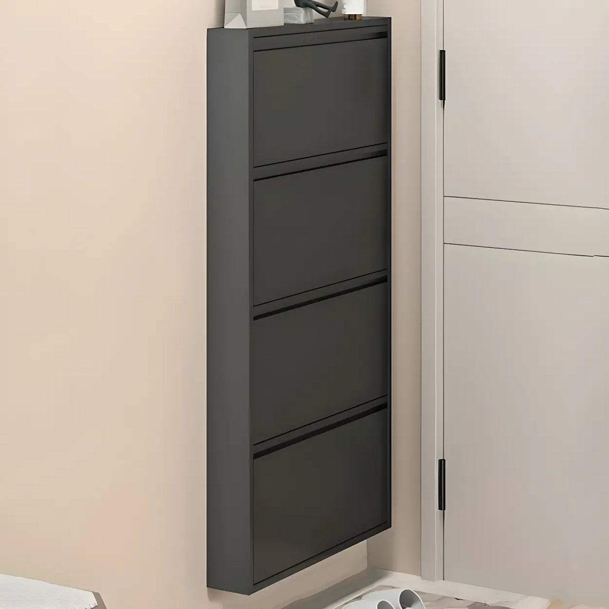 Wall Mounted Wooden Entryway White Drop Front Shoe Storage Image - 31