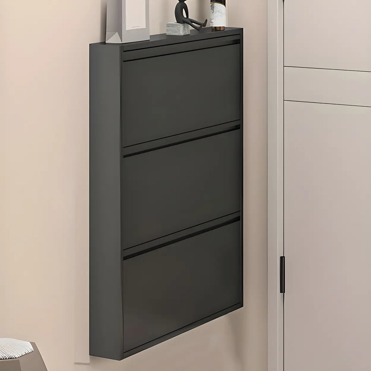 Wall Mounted Wooden Entryway White Drop Front Shoe Storage Image - 32