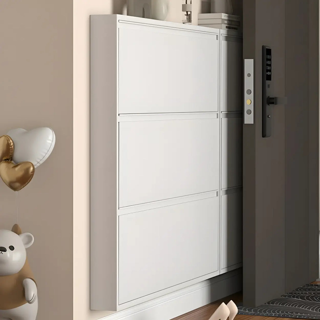 Wall Mounted Wooden Entryway White Drop Front Shoe Storage Image - 3