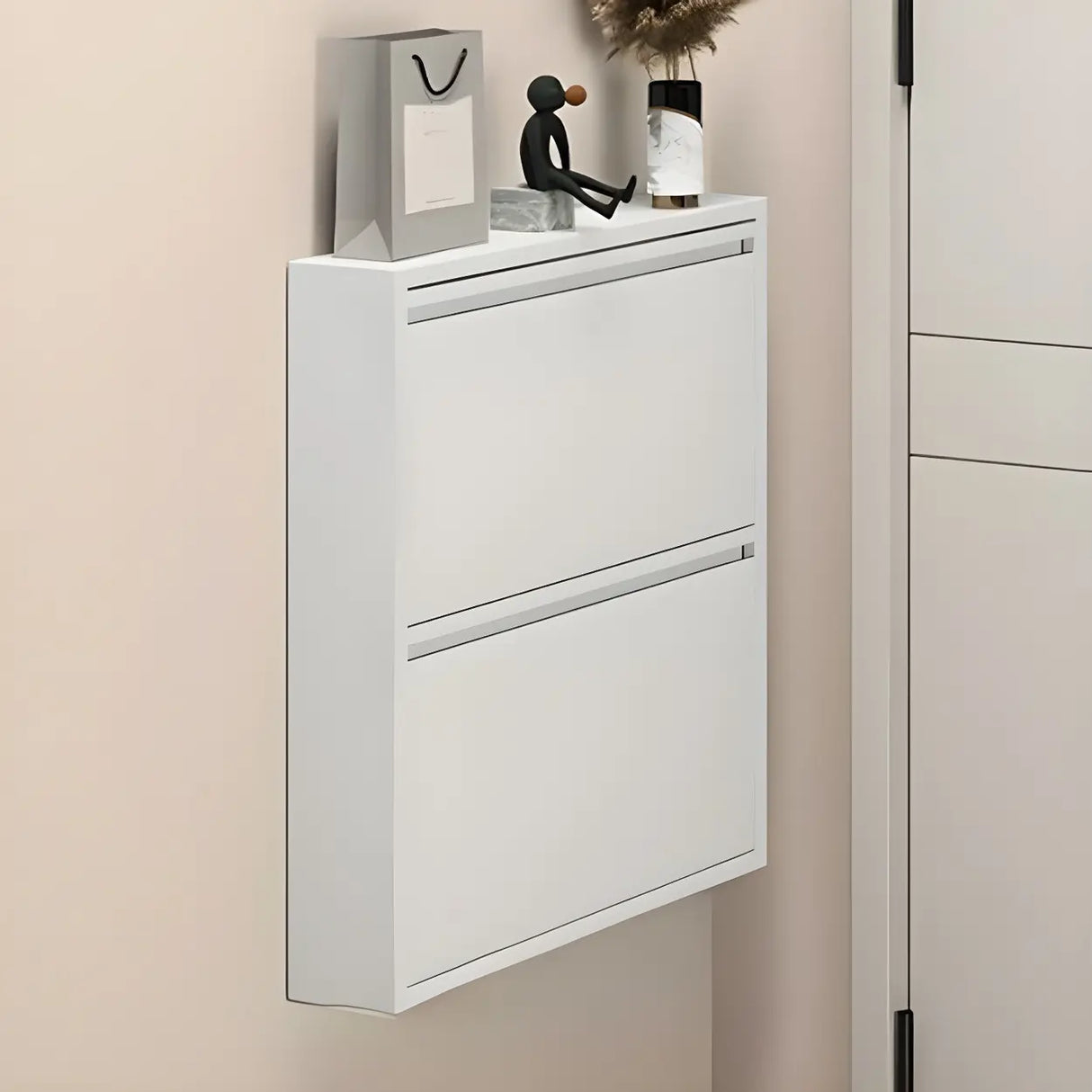 Wall Mounted Wooden Entryway White Drop Front Shoe Storage Image - 4